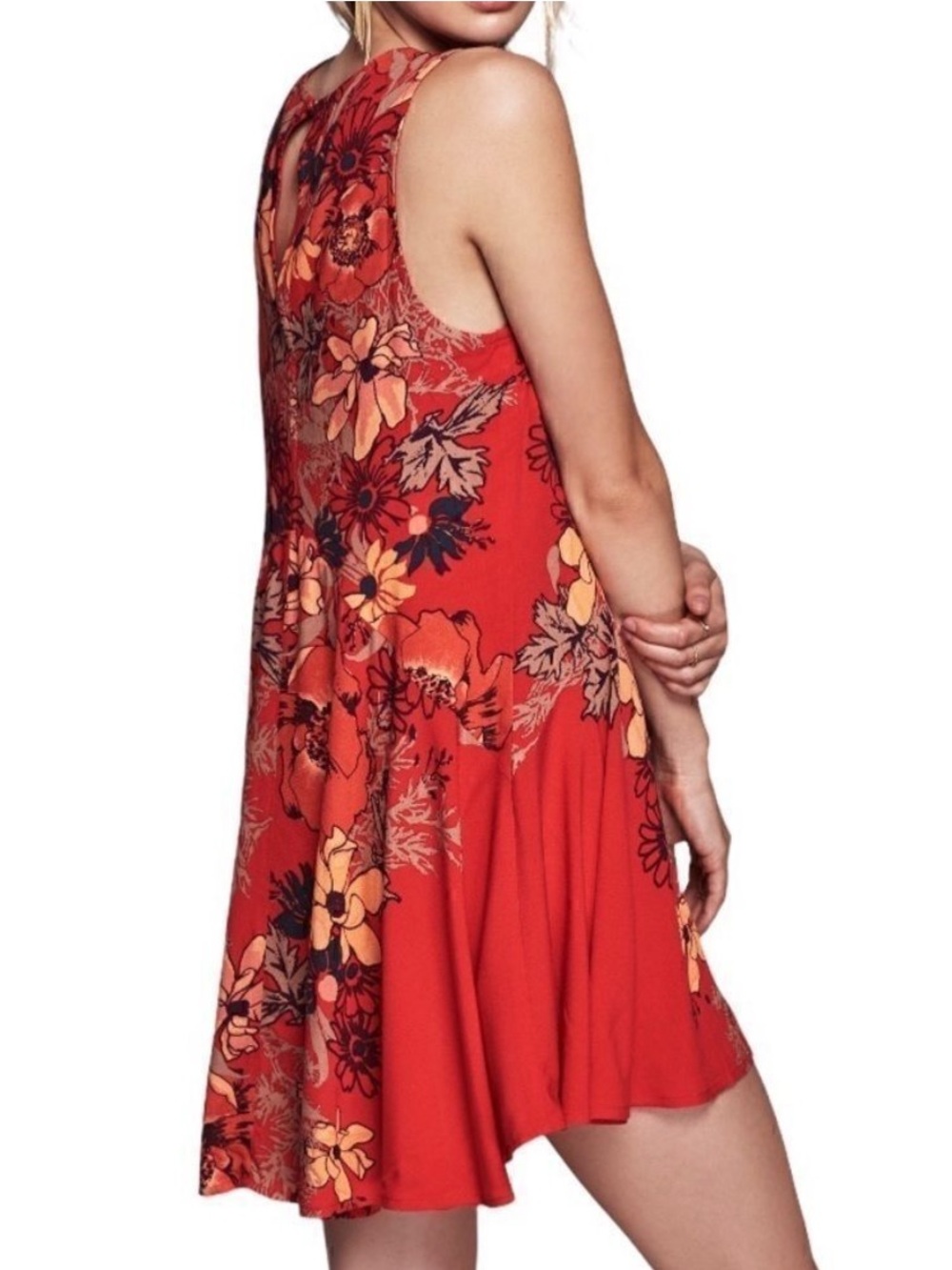 Free People Backyard Party Red Floral Tunic Swing Dress